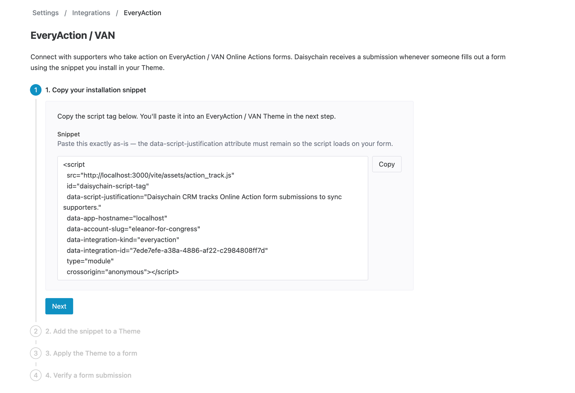 The EveryAction / VAN setup wizard in Daisychain